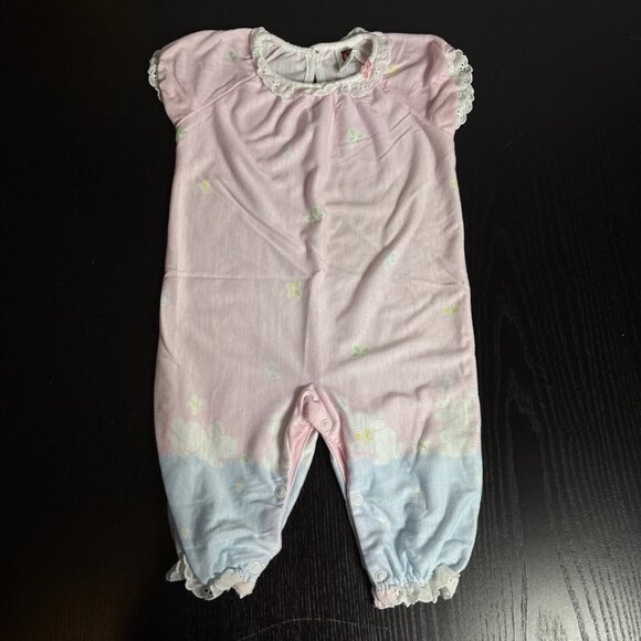 Vintage 90s CARTERS Baby Girl 12M One-Piece Pajama Romper Pastel Bunny Print - Picture 1 of 6